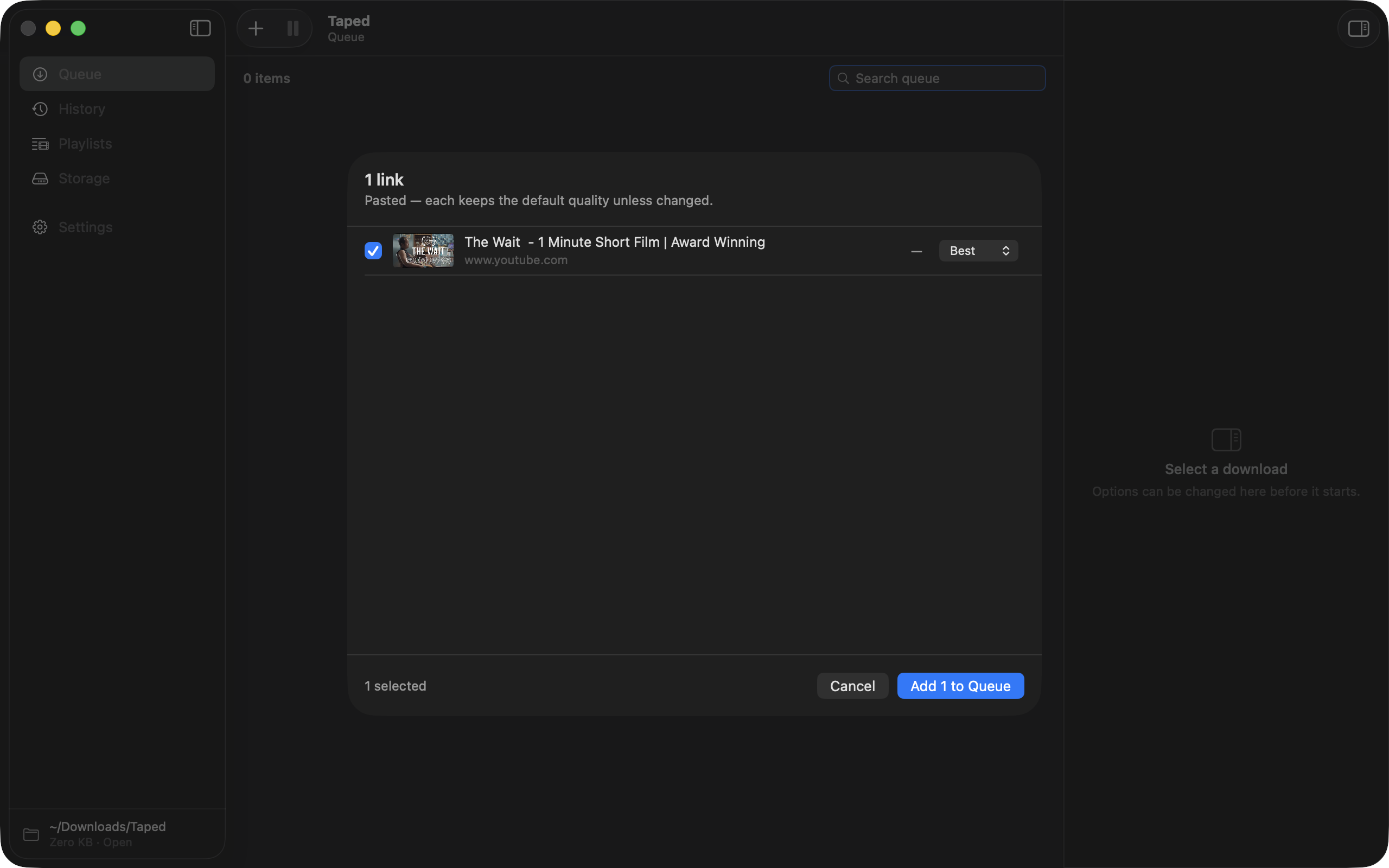 The Add to Queue sheet in dark mode listing a playlist's videos with per-video quality