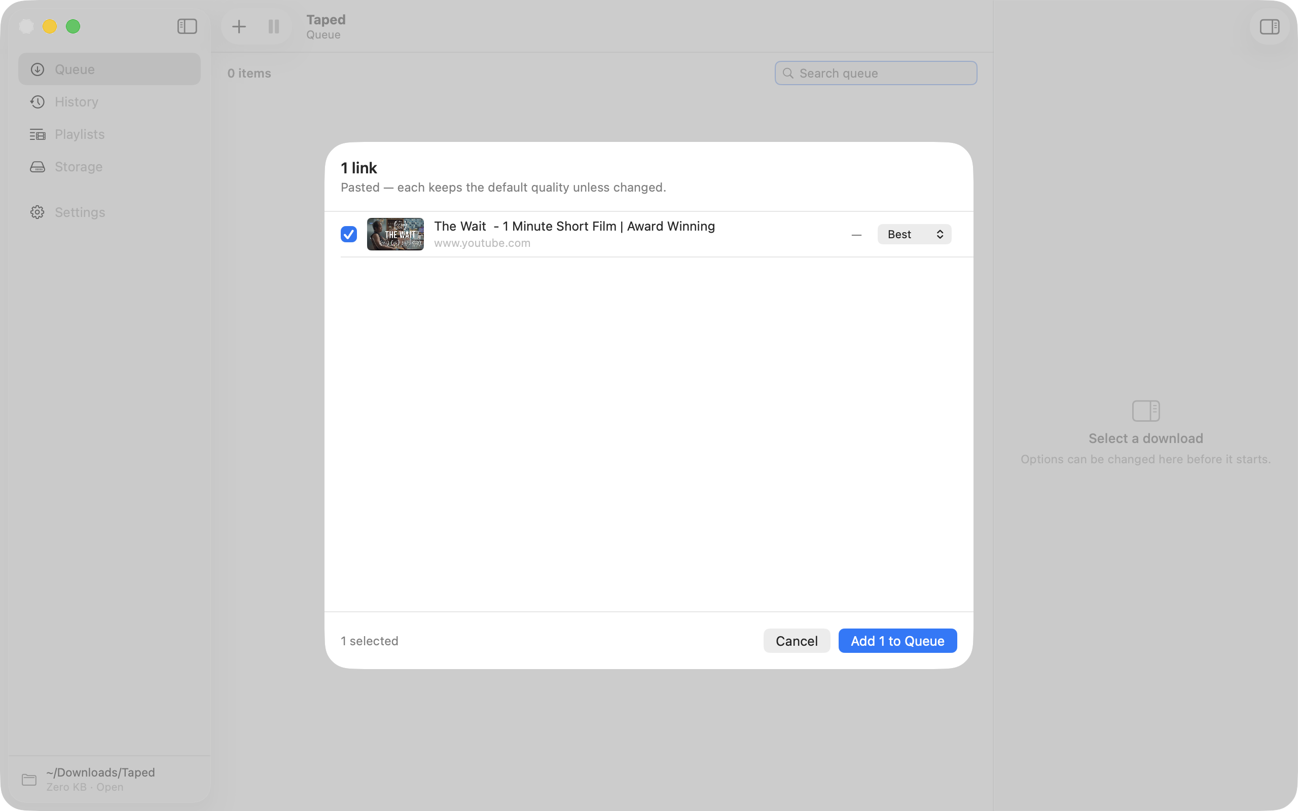 The Add to Queue sheet over the Library: a list of a playlist's videos with checkboxes, a quality menu per video, and three rows marked as already saved