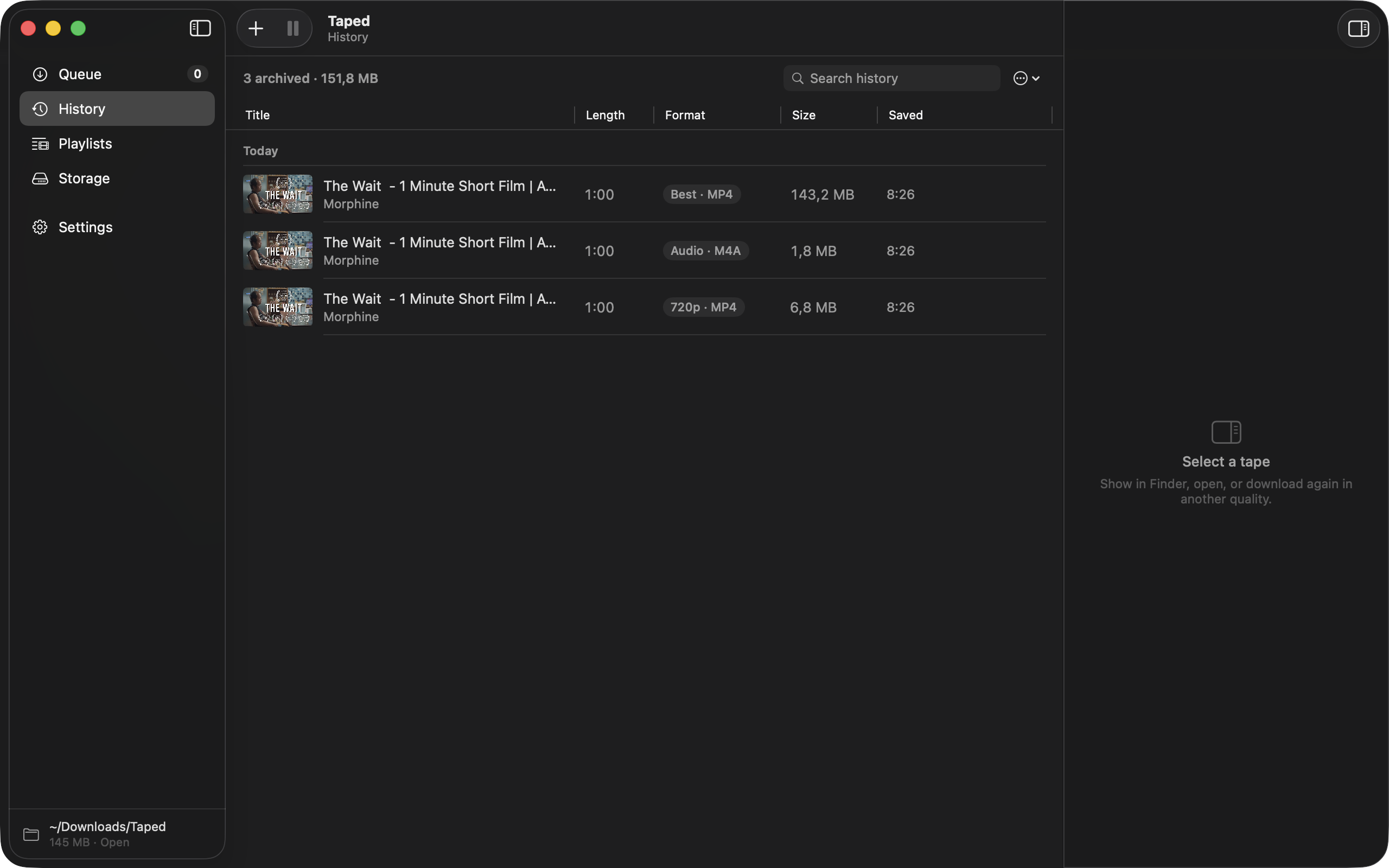 The Library window in dark mode with the downloads table and the inspector open