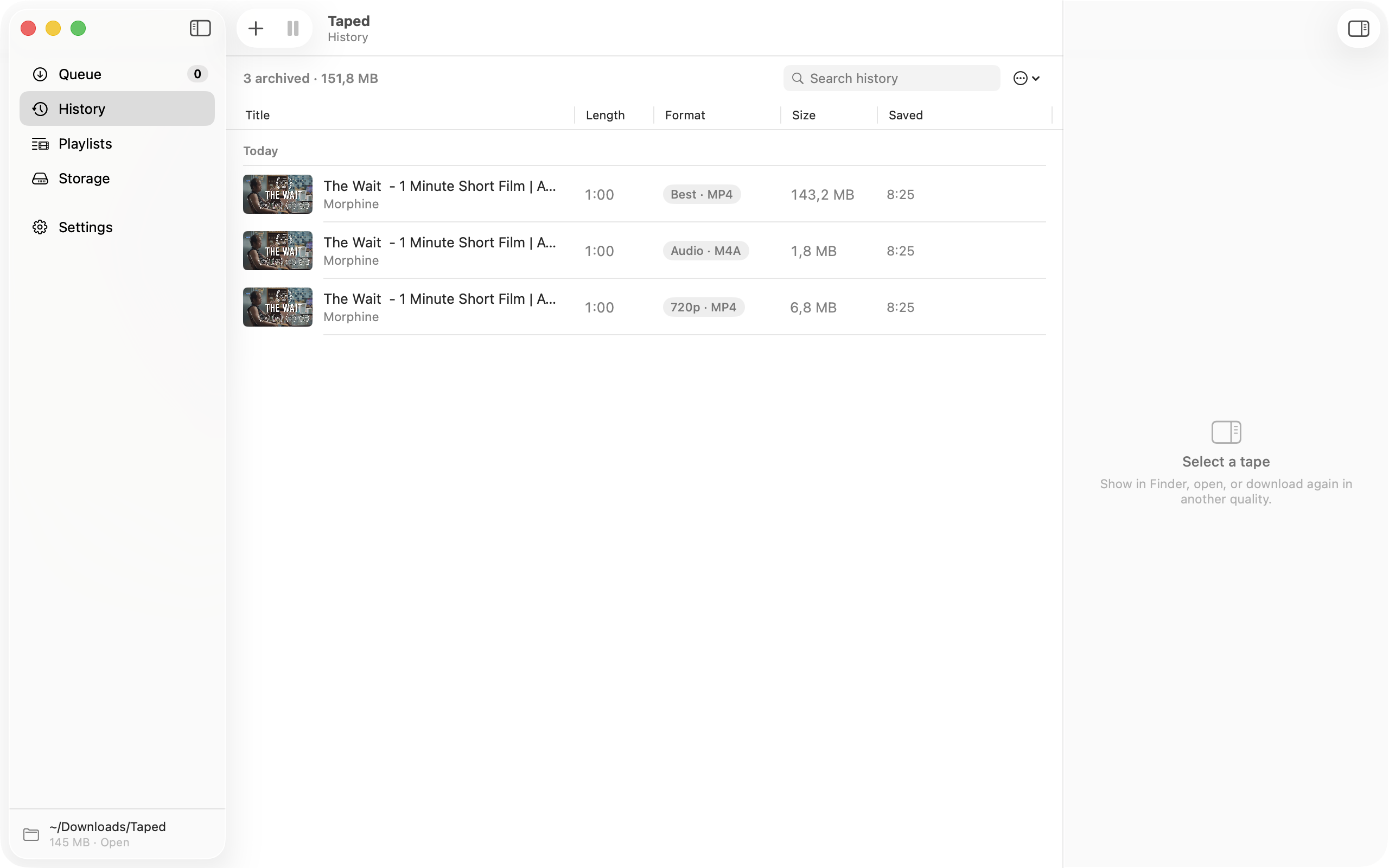 The Library window: a sidebar with Queue, History, Playlists and Storage, a sortable table of downloads, and an inspector on the right showing one tape's options