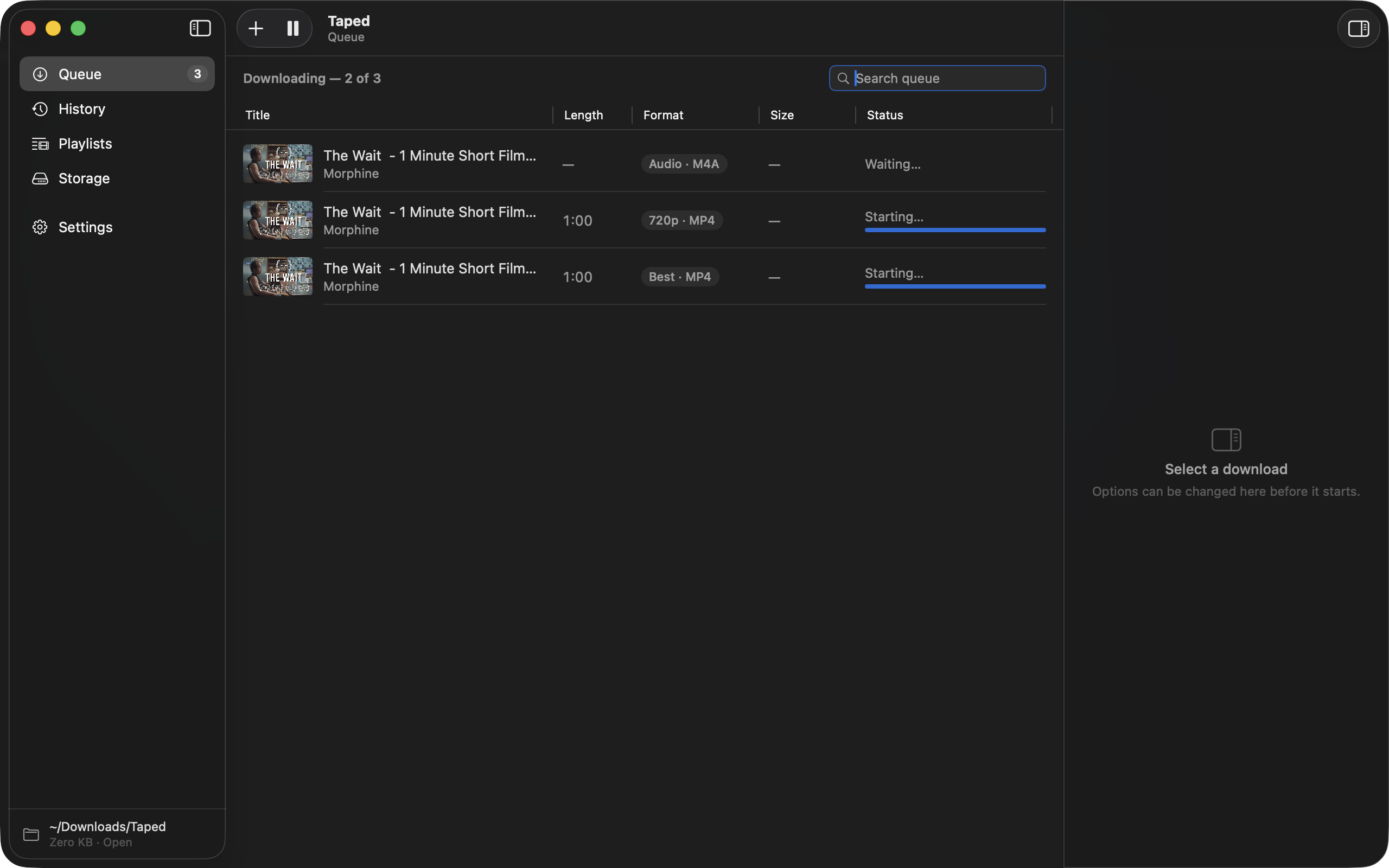 The Library queue in dark mode with several downloads in progress