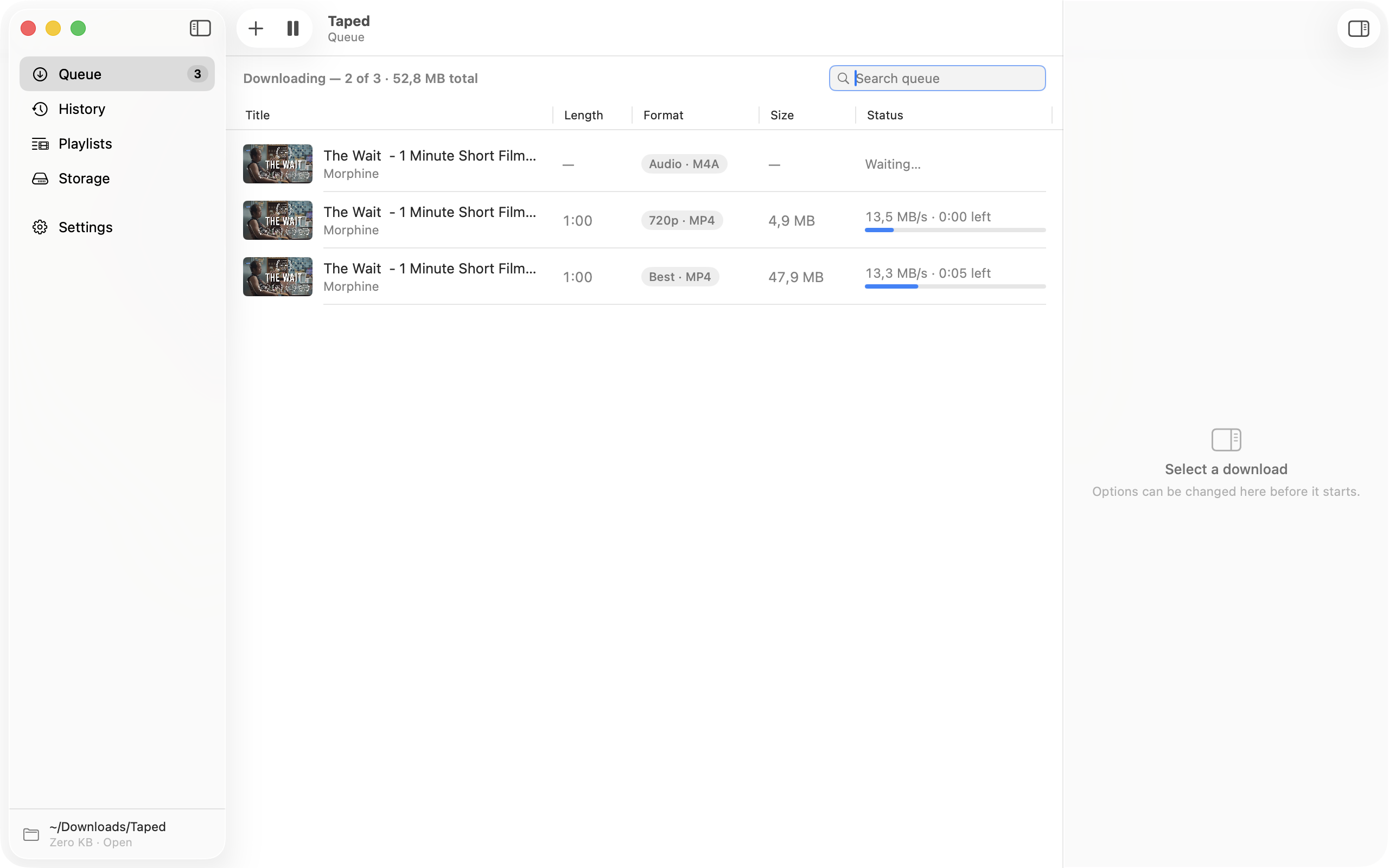 The Library queue with three downloads running, each with a progress bar, speed and time remaining, and a banner noting the next download window