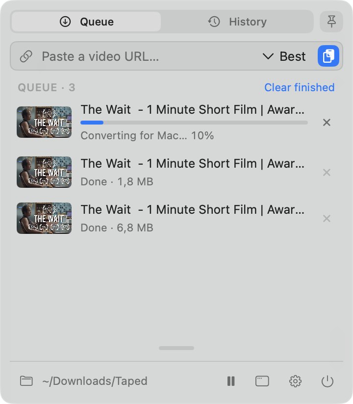 The Taped menubar popover: a link field at the top, quality buttons, and a queue with one download at 41% and two finished tapes below it