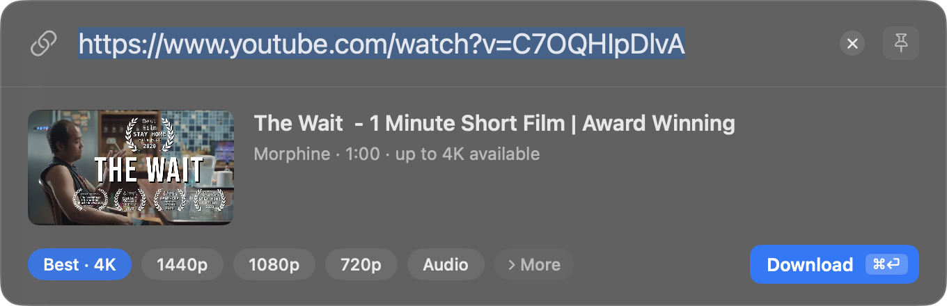 The Quick Capture panel in dark mode with a video's details and quality buttons