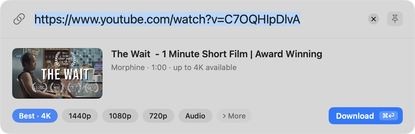 The Quick Capture panel floating over the desktop: thumbnail, title, channel and duration of a video, a row of quality buttons and a Download button