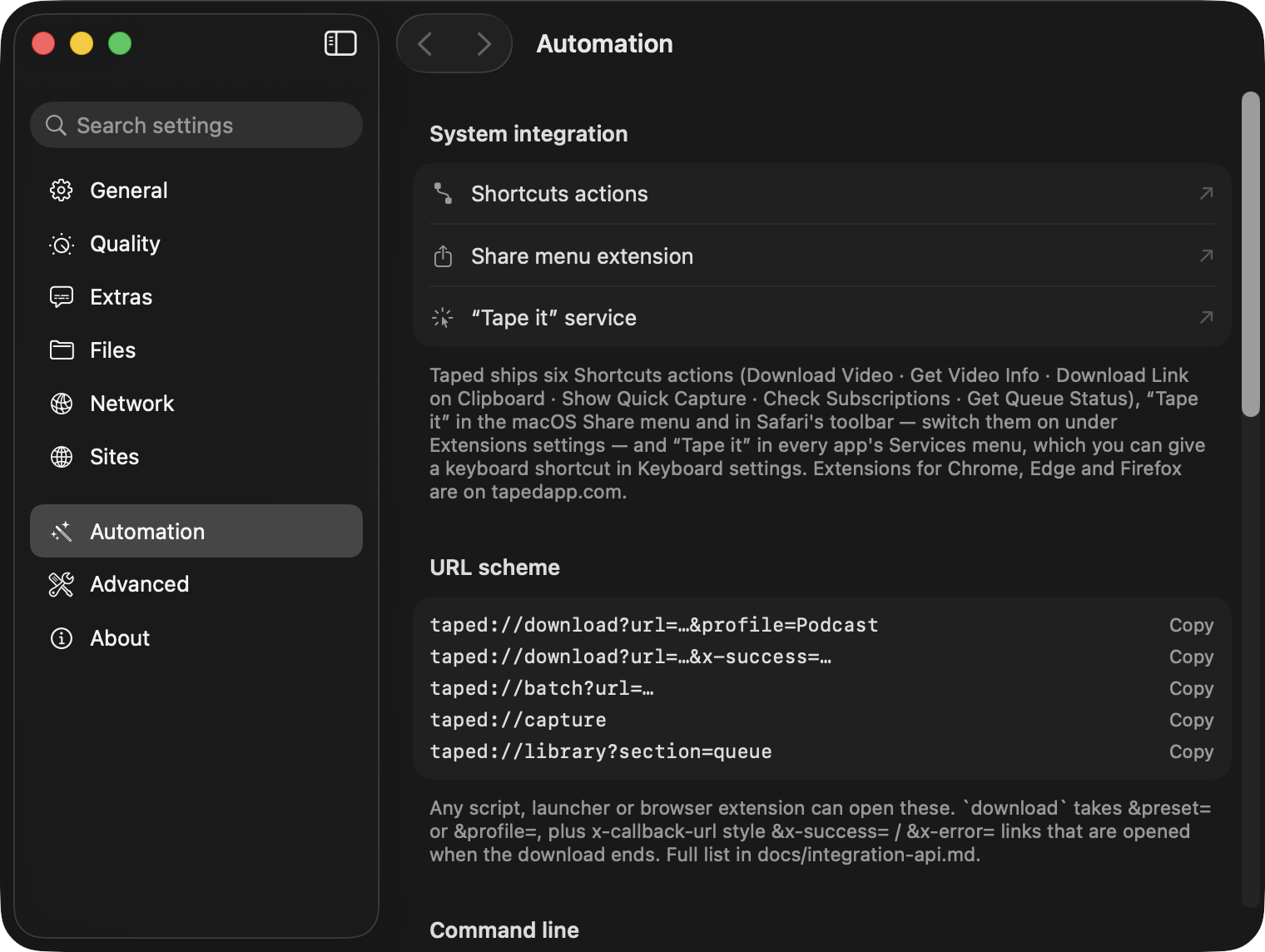 Settings, Automation in dark mode