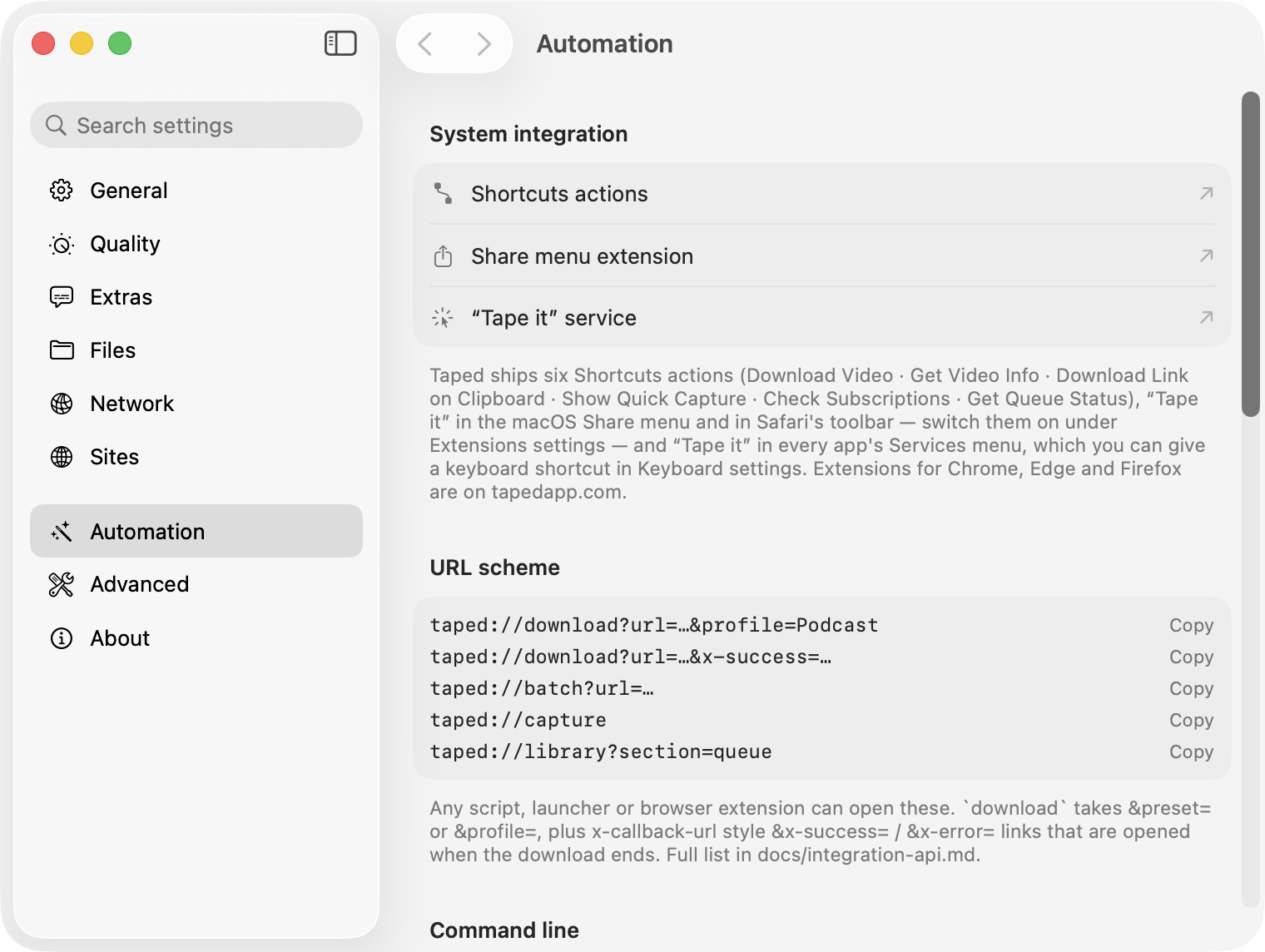 Settings, Automation: Shortcuts actions, the Share and Services entries, the URL scheme, the command line tool installer, the inbox folder, download hours and the after-download script