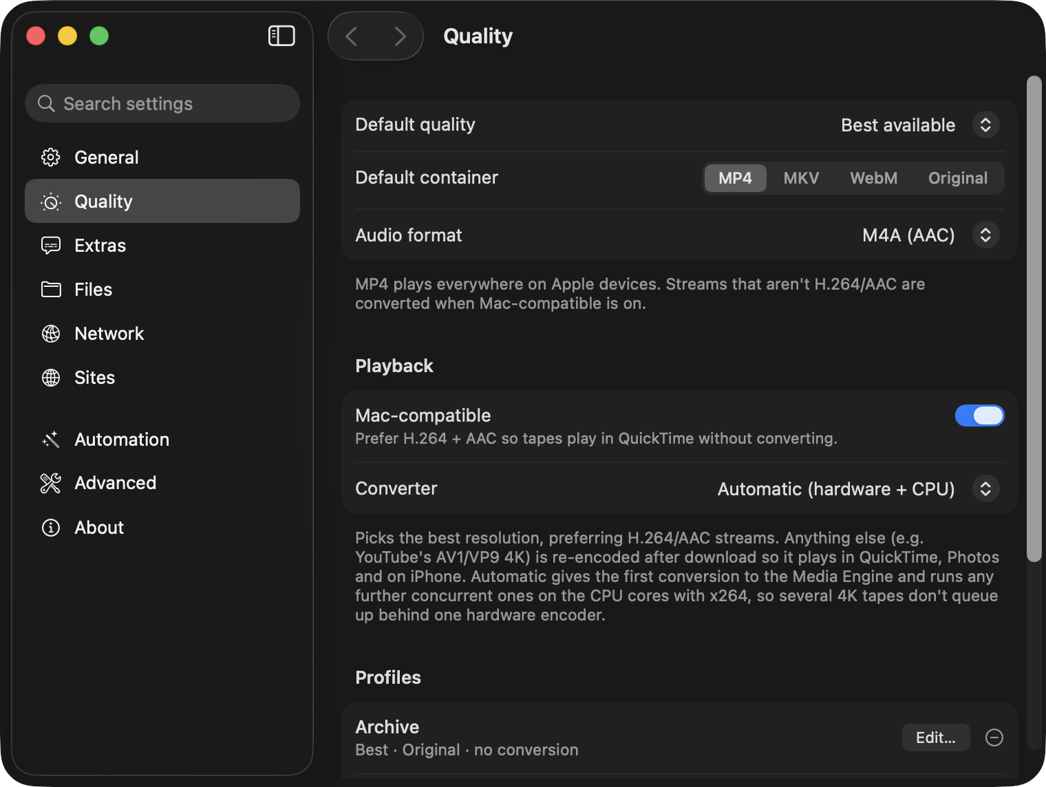 Settings, Quality section in dark mode with the Profiles list