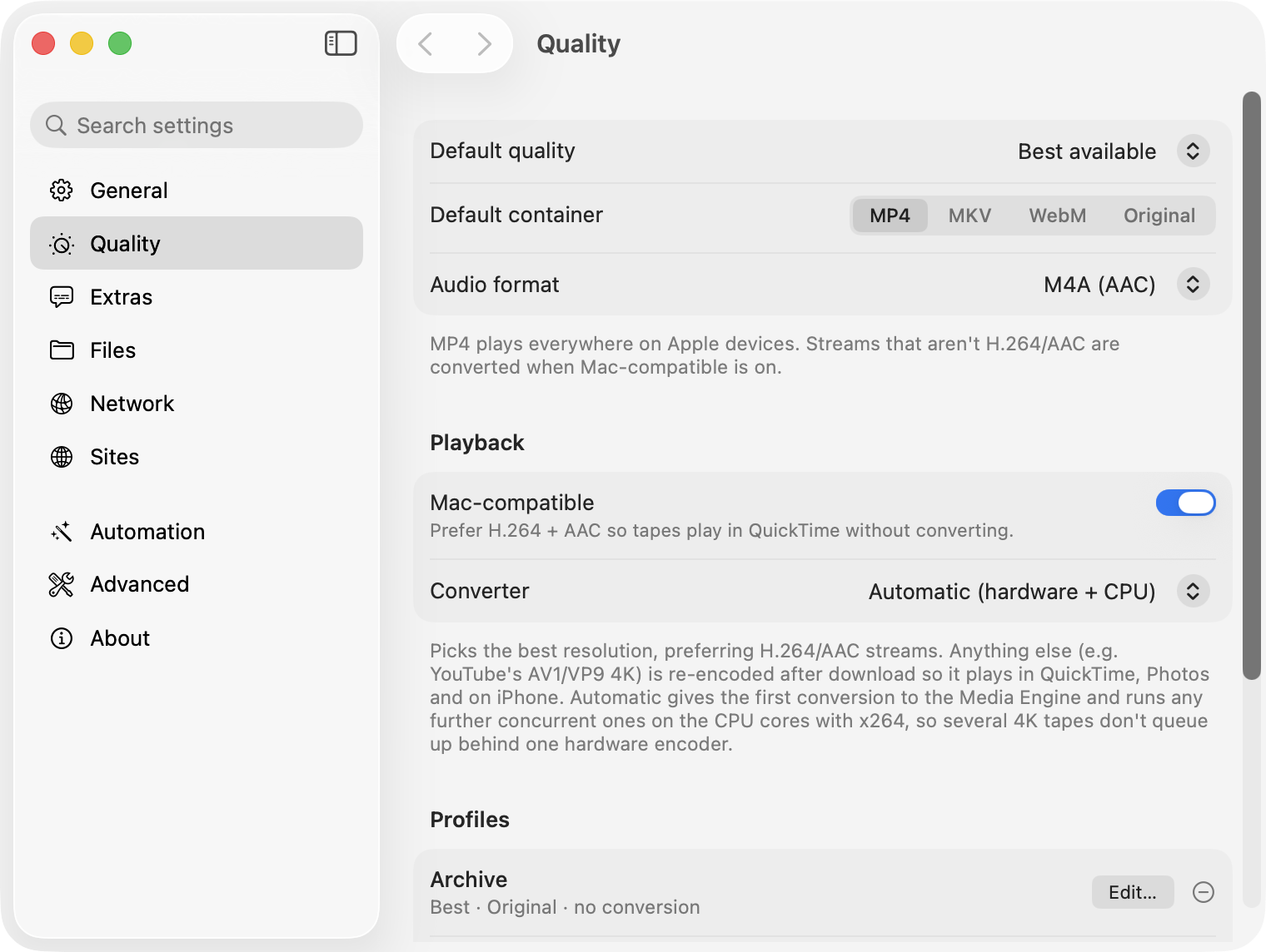 Settings, Quality section: default quality and container pickers, the Mac-compatible switch, and a Profiles list with Podcast, Archive and Watch on Mac