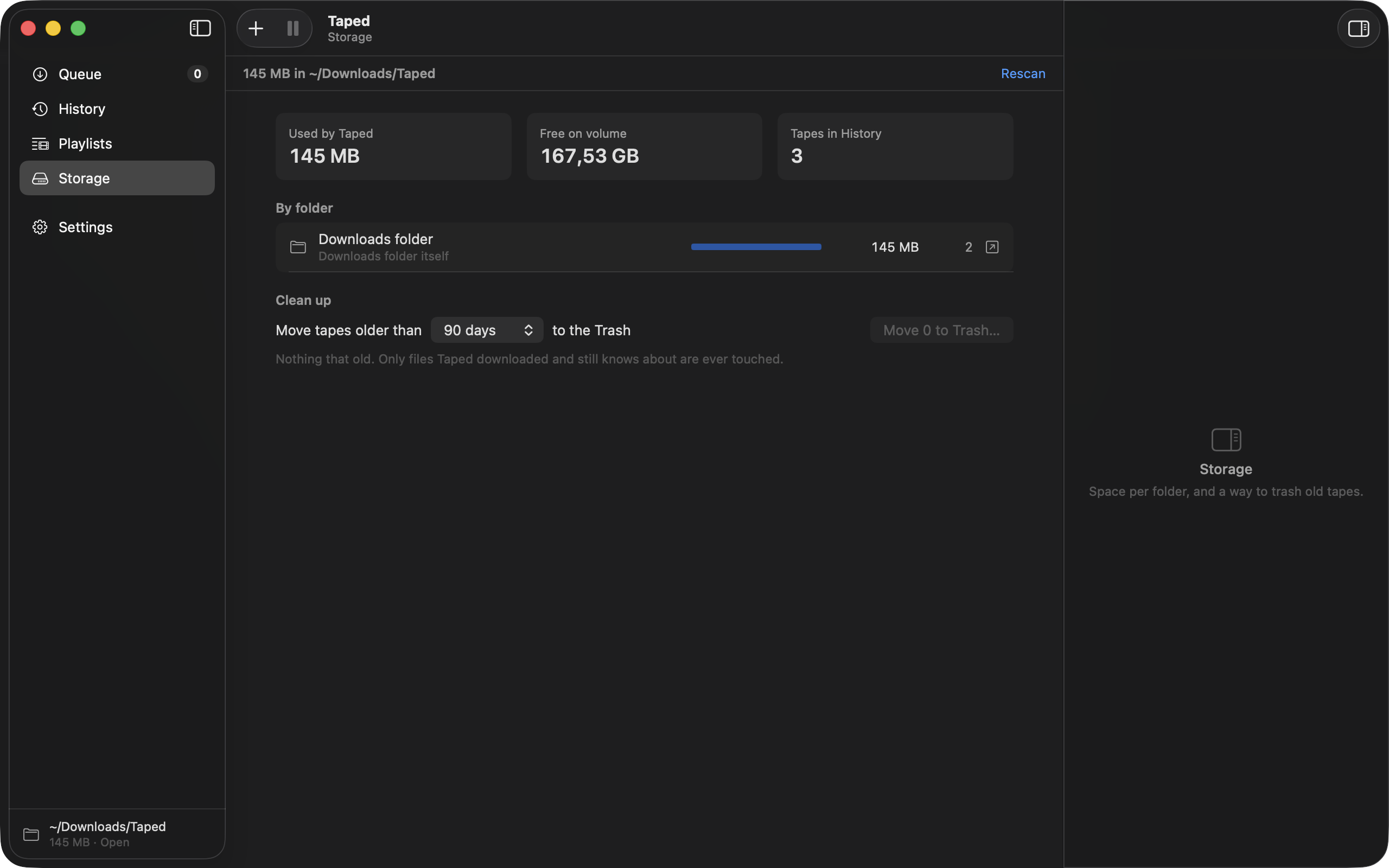 The Storage view in dark mode with the per-folder breakdown
