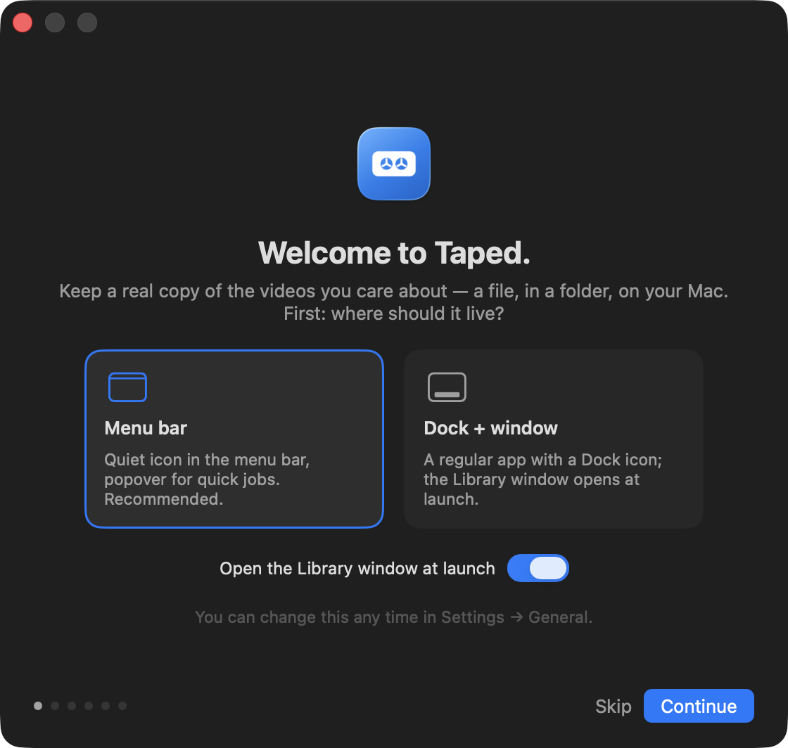 The welcome tour window in dark mode