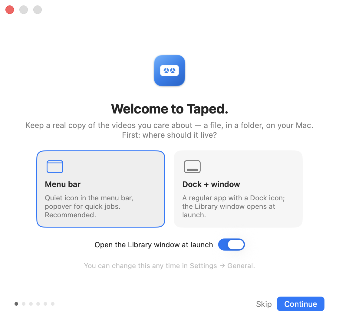 The welcome tour window on its first step, explaining the menubar icon